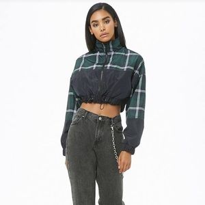 Cropped Plaid Colorblock Windbreaker Zip New